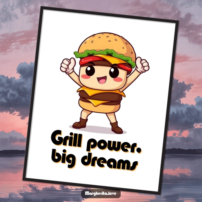 Funny Free Printable wall art depicting a proud burger character striking a heroic and confident pose, ready for action.