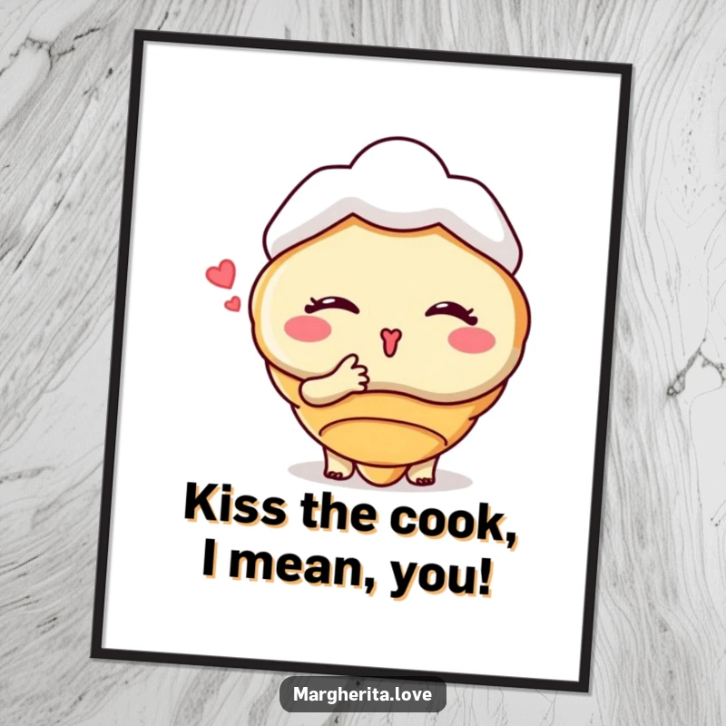 Funny Free Printable Wall Art: A winking croissant person blowing a kiss, bringing downloadable humor and charm to any decor.