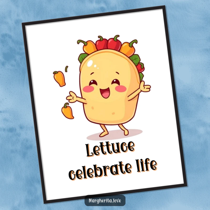 Funny Free Printable Wall Art: A cheerful taco character energetically juggling vibrant bell peppers, bringing joy.