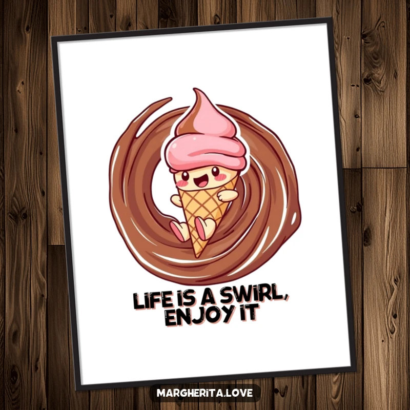 Funny Free Printable Wall Art: A delighted ice cream cone character slides down a rich chocolate swirl, bringing playful energy.
