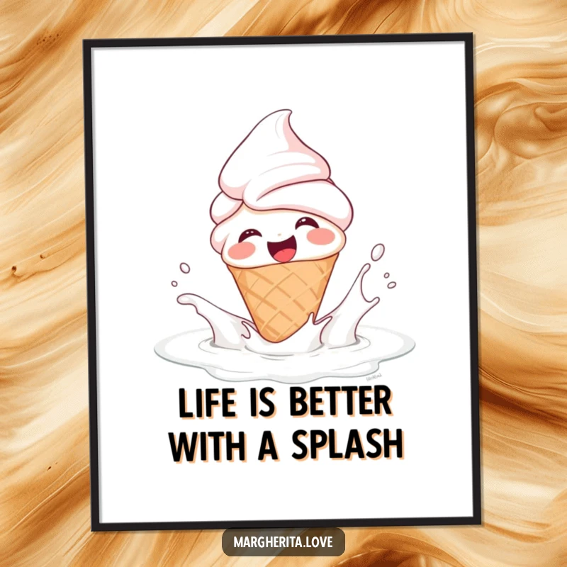 Funny Free Printable Wall Art: A giggling ice cream cone person gleefully splashing in milk, creating a cheerful scene.