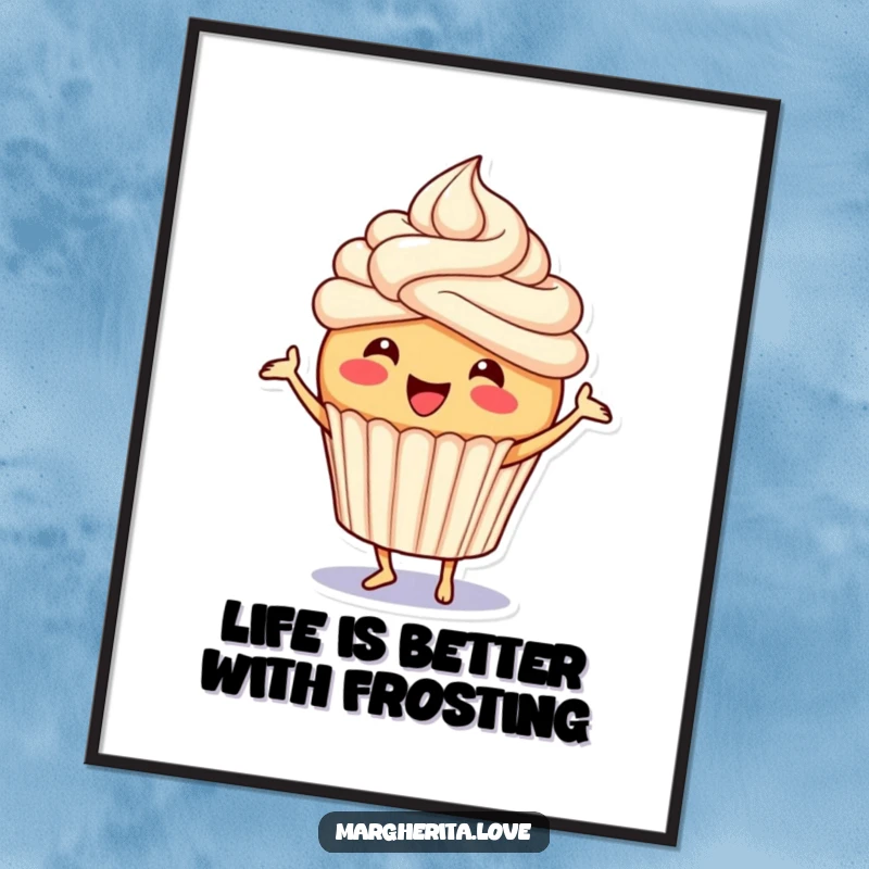Funny Free Printable Wall Art: A joyful cupcake character with delightful frosting does a happy jig, adding whimsy to any space.