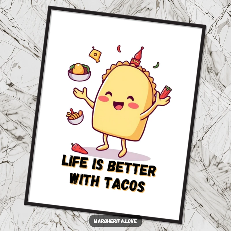 Funny free printable wall art of a happy taco character juggling miniature toppings with a smile.