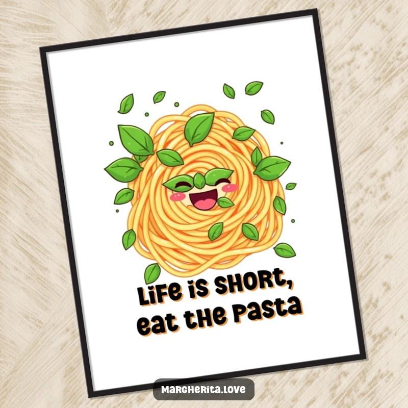 Funny Free Printable Wall Art: A cheerful pasta swirl expertly juggling tiny basil leaves, adding whimsical charm to any room.