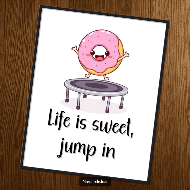 Funny Free Printable Wall Art: Bouncy donut character mid-air on a trampoline, radiating happiness.