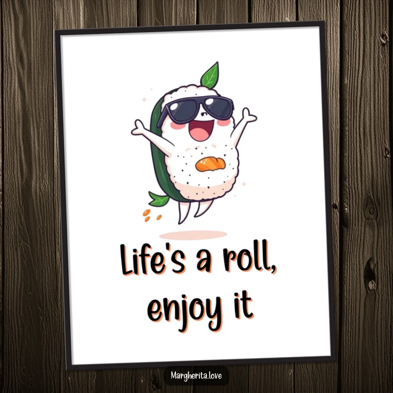 Funny Free Printable Wall Art: Sushi wearing sunglasses executes a dynamic backflip, making a bold statement.