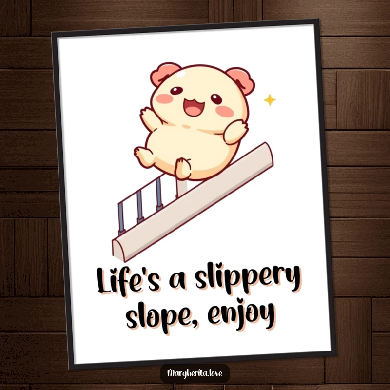 Funny free printable wall art: a happy dumpling slides down a banister, bringing whimsical and amusing charm to decor.