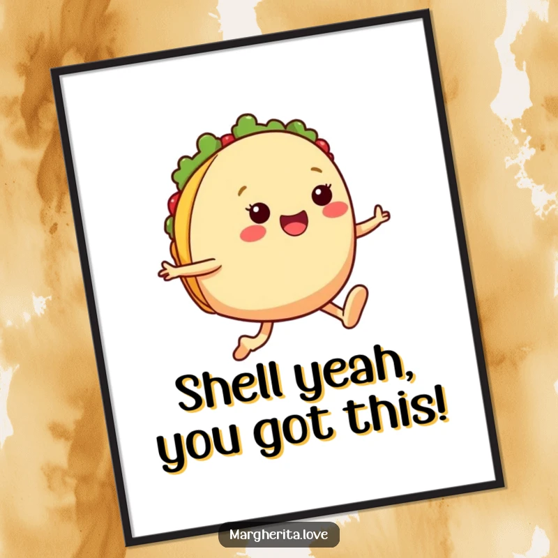 Funny Free Printable Wall Art: An energetic anthropomorphic taco mid-jump, radiating happiness.
