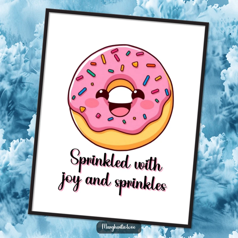 Funny Free Printable Wall Art: A charming donut character with colorful sprinkles, grinning wide, brings playful energy to your decor.