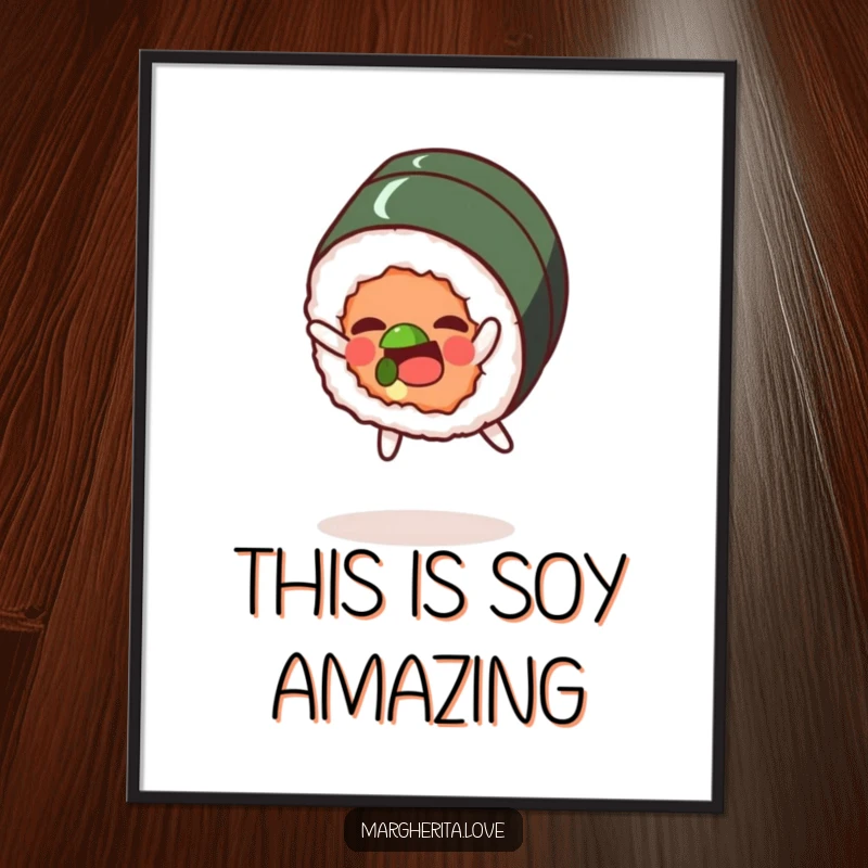 Funny Free Printable Wall Art: A delighted sushi roll character performing an energetic somersault, adding vibrancy.