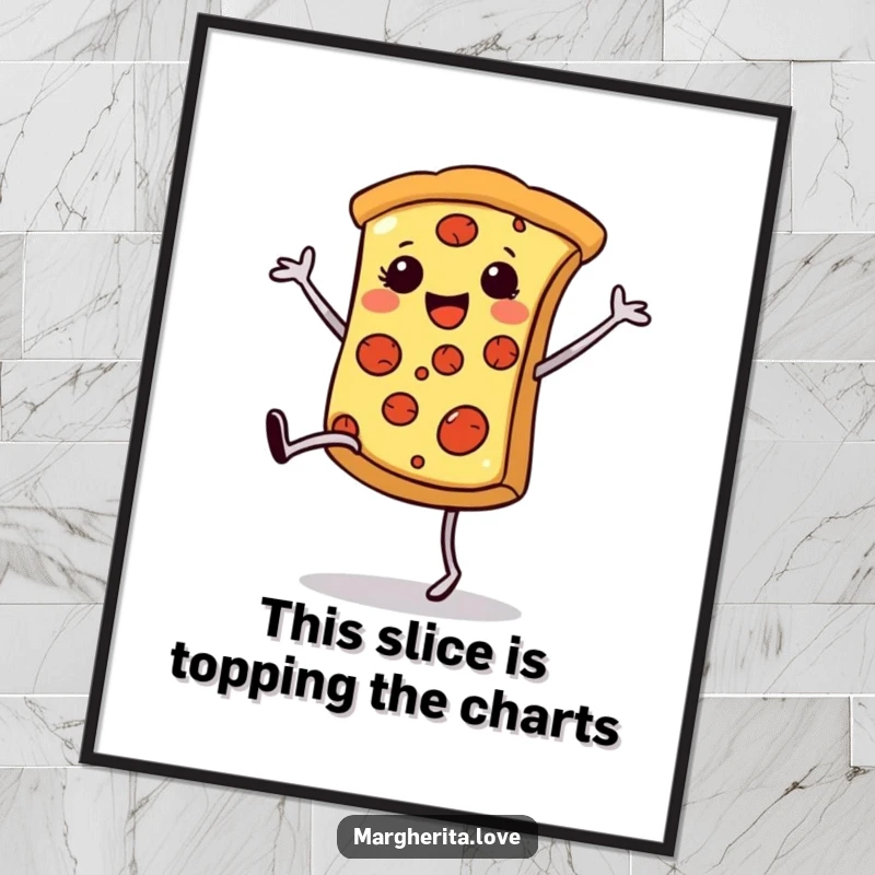 Funny Free Printable happy pizza slice with legs doing a cartwheel, depicted as humorous downloadable wall art.