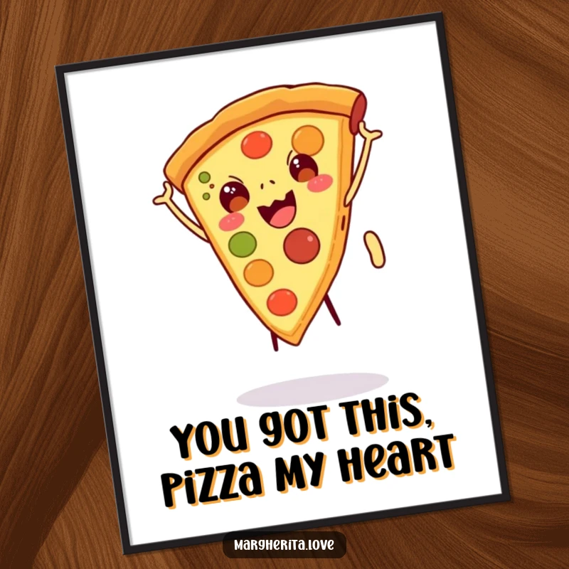 Funny free printable wall art of a pizza slice with legs performing an enthusiastic cartwheel.