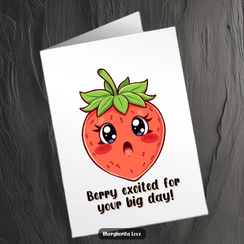 Funny Free Printable Birthday Card: A wide-eyed surprised strawberry moments before being devoured, a hilarious culinary dilemma.