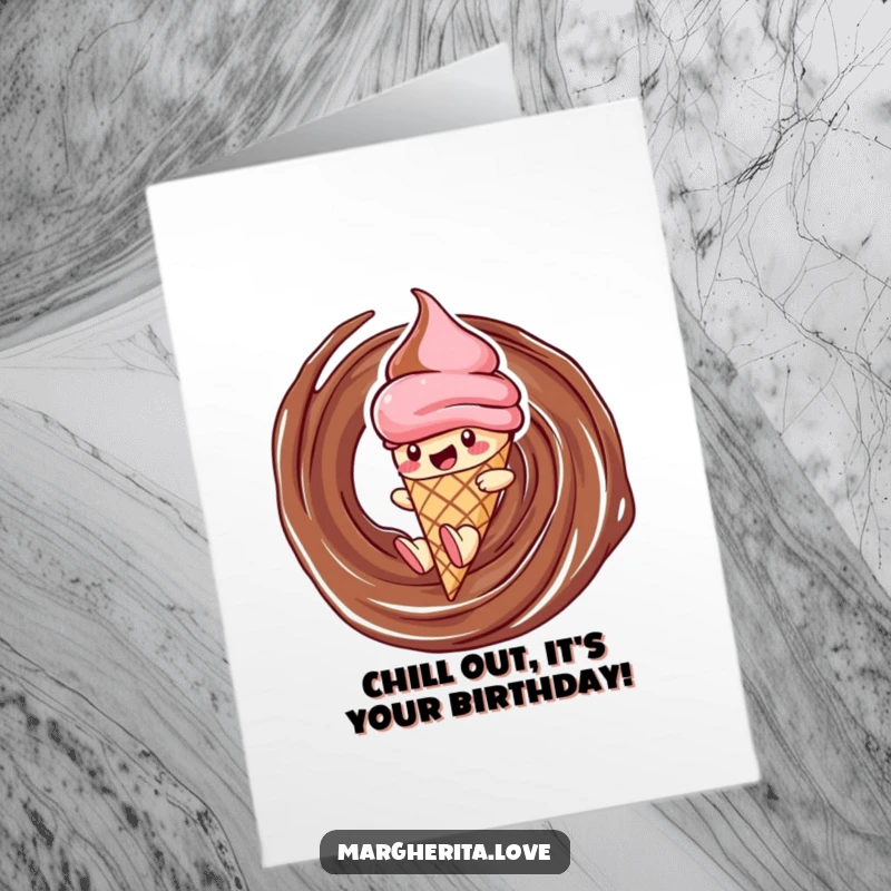 Funny Free Printable Birthday Card: A delighted ice cream cone character gleefully slides down a rich chocolate swirl.