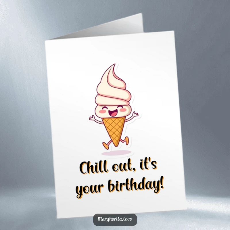 Funny Free Printable birthday card: A beaming ice cream cone doing a joyful skip, celebrating the special day.