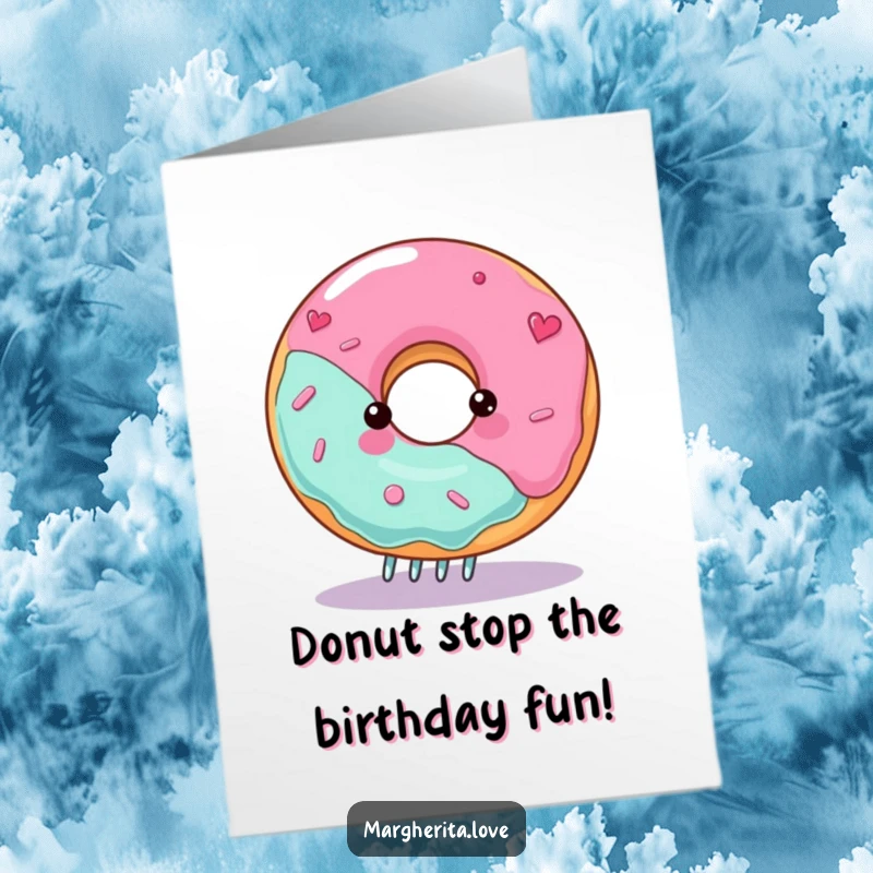 Funny Free Printable Birthday Card: A joyful donut happily spinning on a fork, ready for a party.