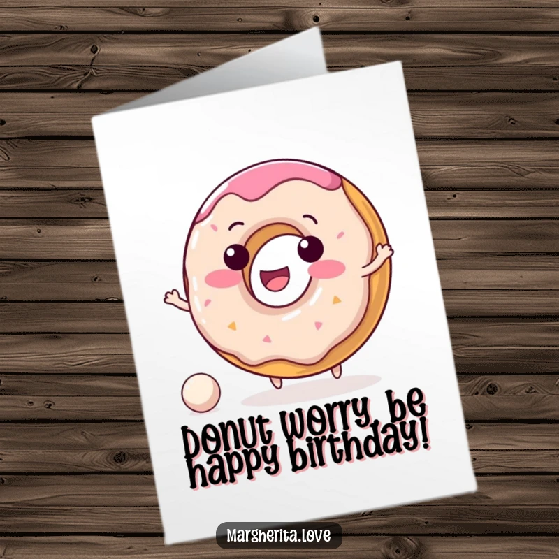 Funny Free Printable Donut Birthday Card: Delightful character happily bouncing a small ball, perfect for kids.