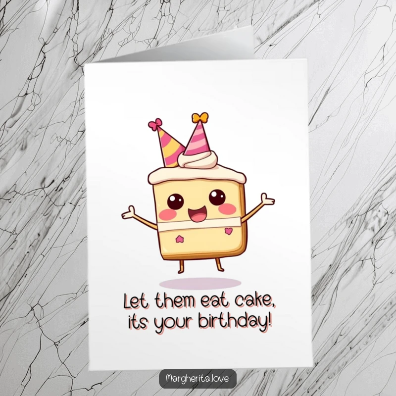 Funny Free Printable Birthday Card: A joyful slice of cake in a party hat, energetically bouncing with birthday excitement.