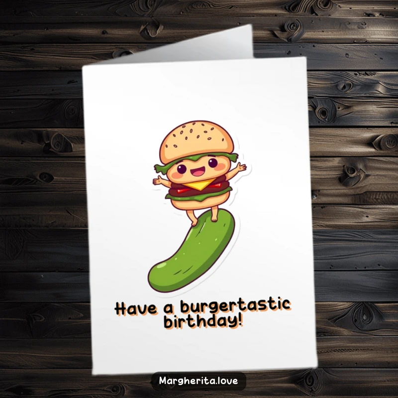 Funny Free Printable Birthday Card: A delighted burger person hilariously balancing on top of a pickle.