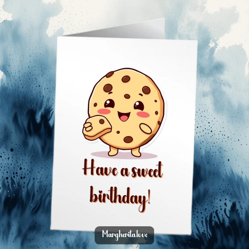 Funny Free Printable Birthday Card: Cute cookie character with a smile, offering a bite to the viewer.