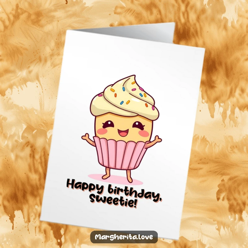 Funny Free Printable Birthday Card featuring a giggling cupcake with sprinkles doing a little jig, wishing a happy and fun birthday.