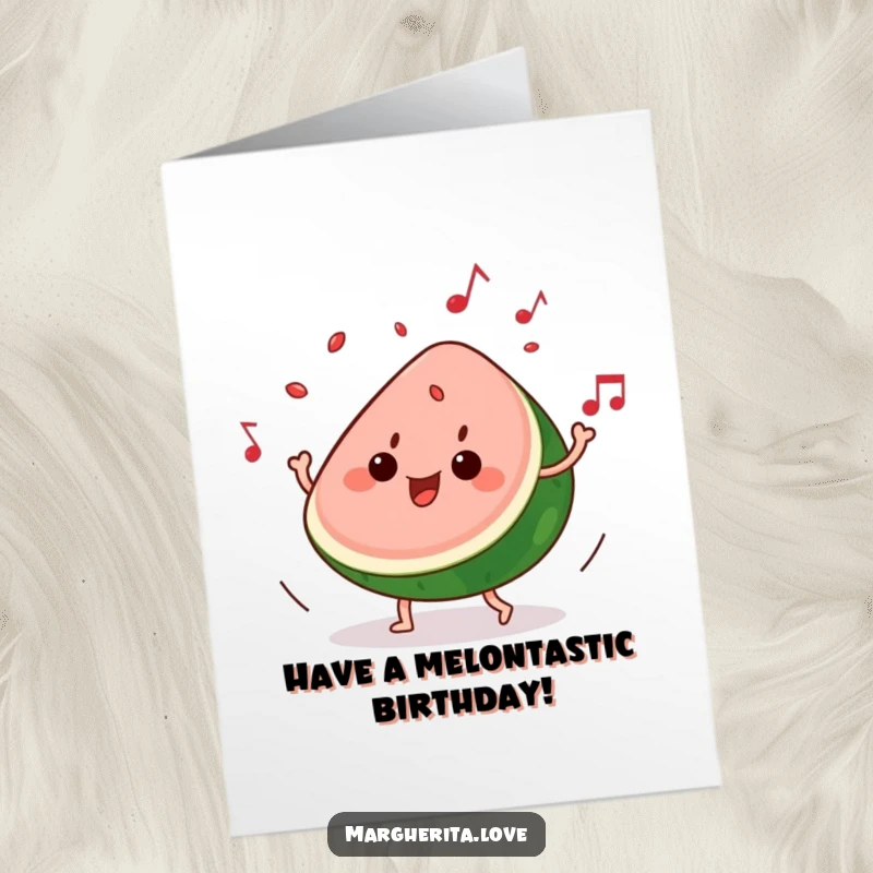 Funny Free Printable Birthday Card: Watermelon slice dances to music with seeds playfully popping out for a birthday.