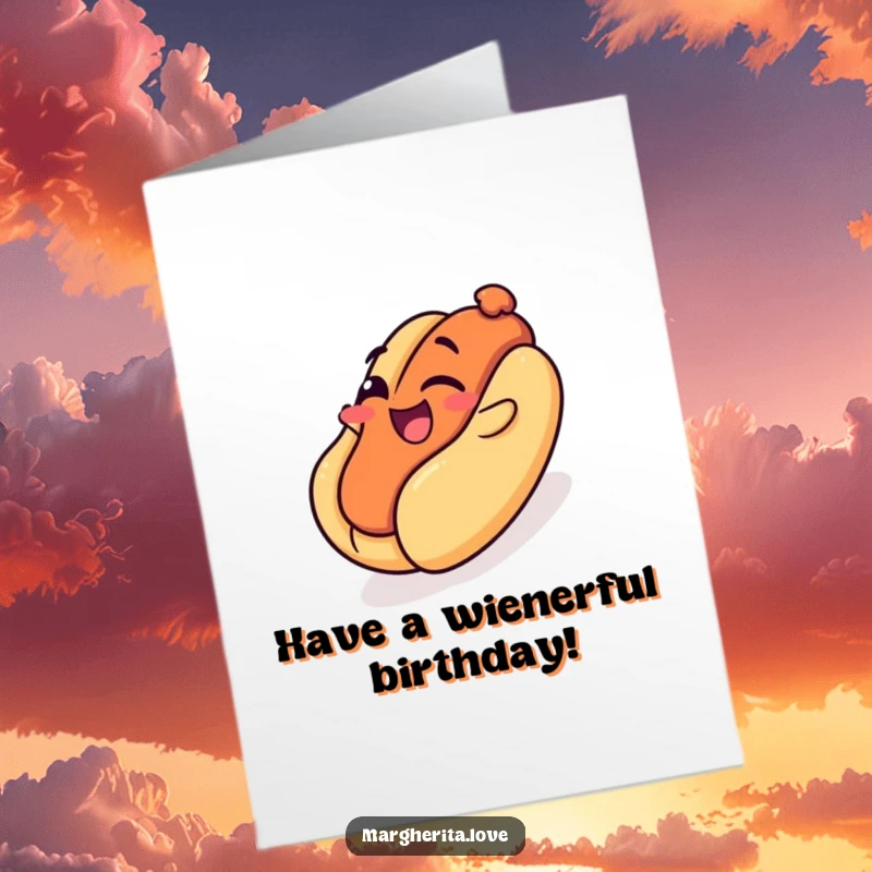 Funny Free Printable Birthday Card: Smiling hot dog winks while sliding down a bun like a playground slide for a birthday.