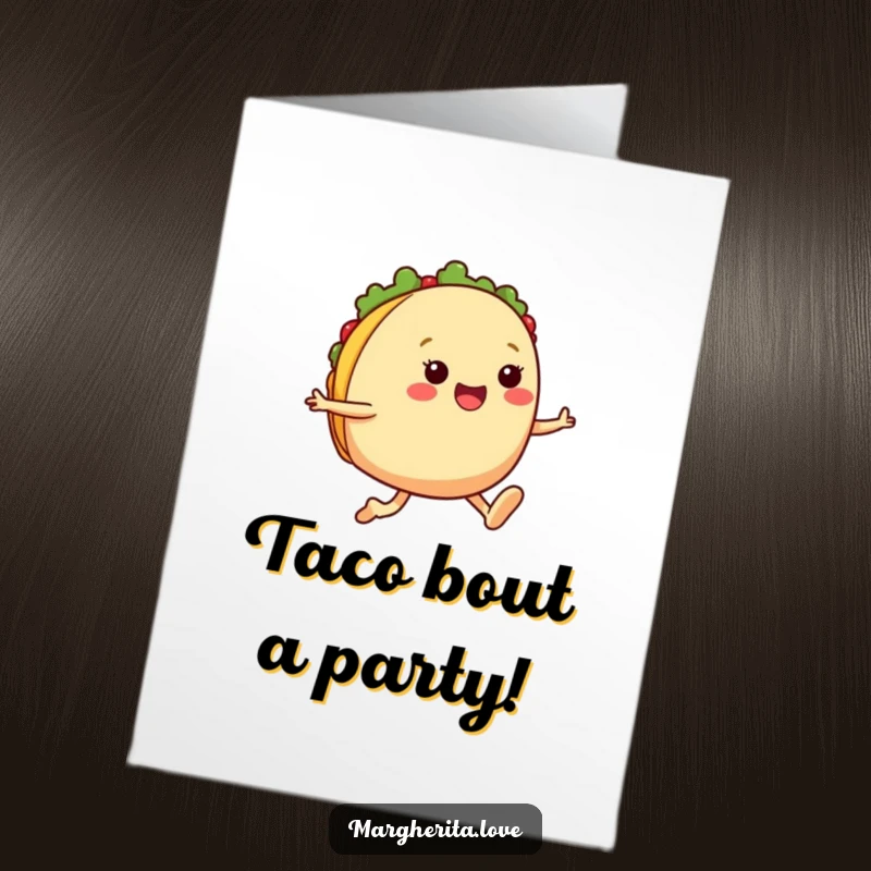 Funny Free Printable Birthday Card: A cheerful anthropomorphic taco leaping for joy mid-air.