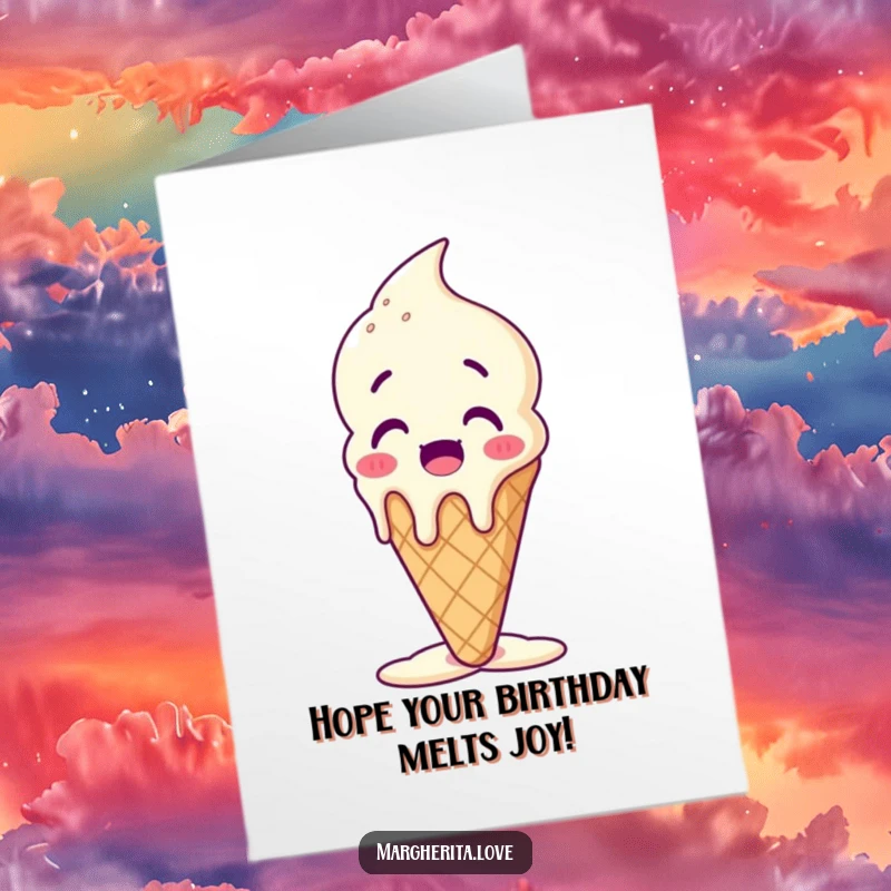 Funny Free Printable Birthday Card: A happy ice cream cone melting slightly, enjoying the festive moment.