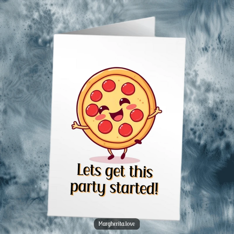 Funny Free Printable birthday card featuring a round, red, smiling pizza slice gleefully doing a cartwheel, celebrating with cheesy joy.