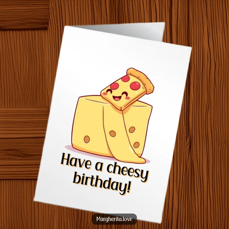 Funny Free Printable Birthday Card: A happy pizza slice slides down a string of cheese, a cheesy and downloadable birthday surprise.