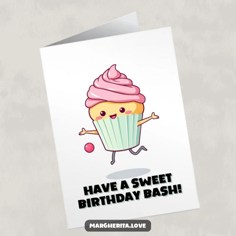 Funny Free Printable Birthday Card: Happy anthropomorphic cupcake with frosting flying skips rope joyfully for a birthday.