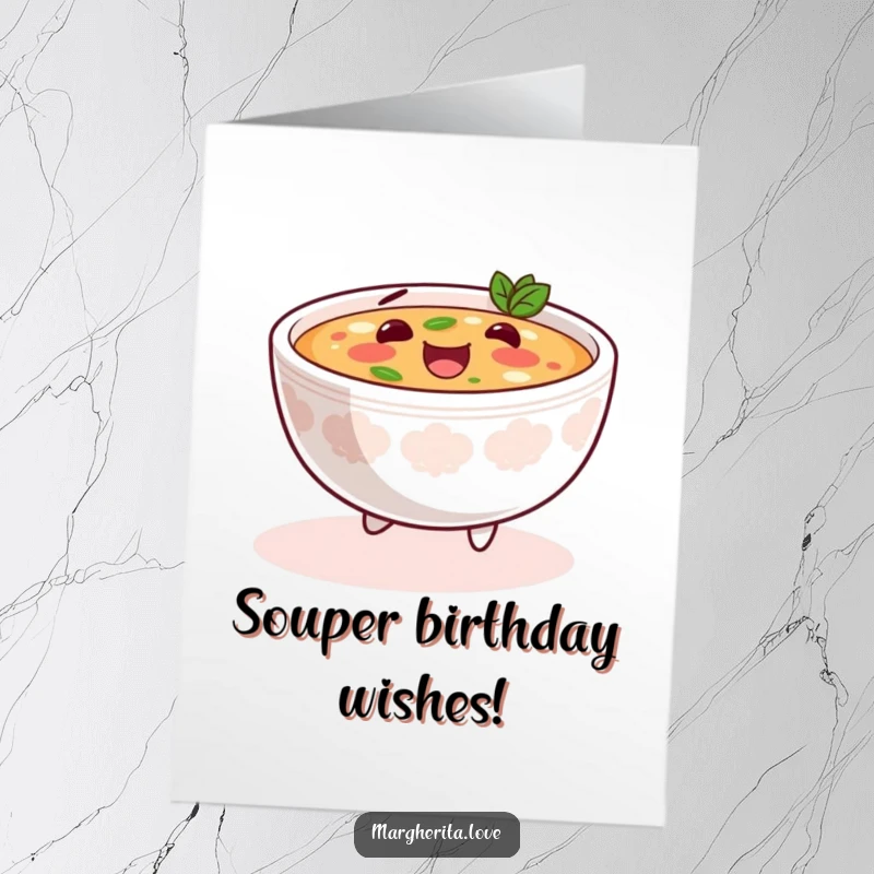 Funny Free Printable Birthday Card: A content bowl of soup happily skipping with joy.
