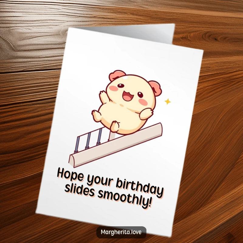 Funny free printable birthday card: a cheerful dumpling slides down a banister, bringing a playful and joyous message.