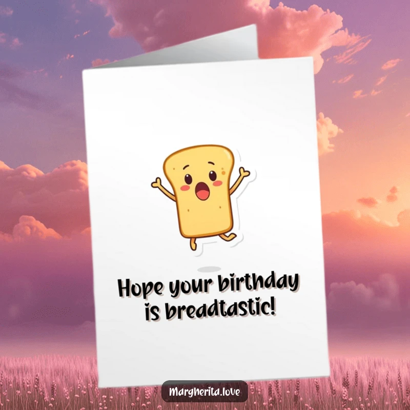 Funny free printable birthday card showing a surprised breadstick character mid-air, leaping with unexpected excitement for a birthday.