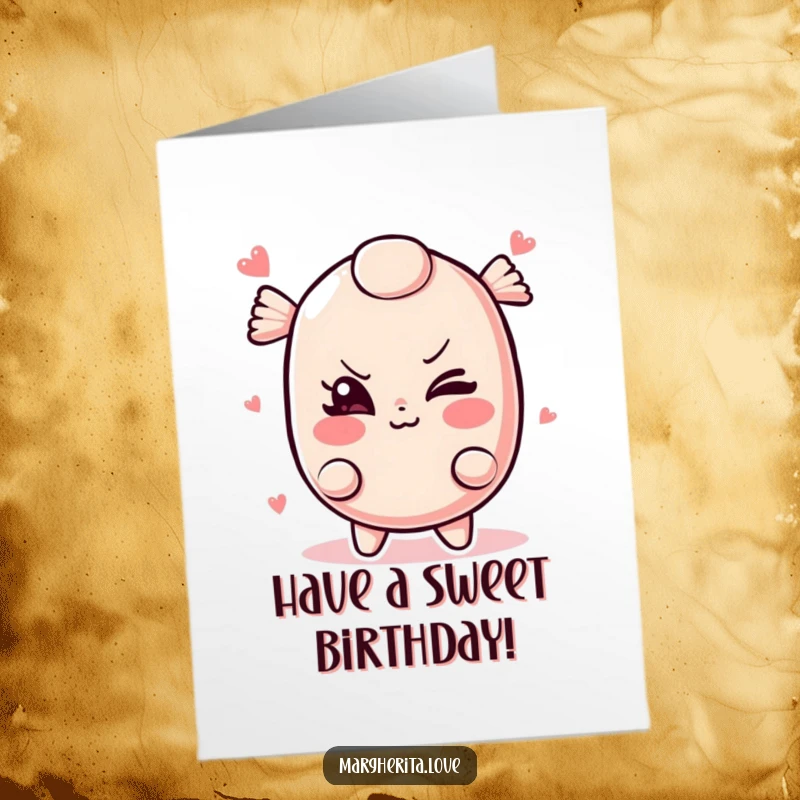 Funny Free Printable birthday card: A candy piece with a sly wink, hinting at sweet birthday surprises.