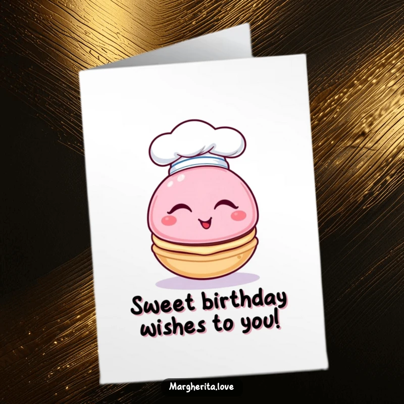 Funny Free Printable Birthday Card: A playful macaron character wearing a chef hat, winking playfully with delight.
