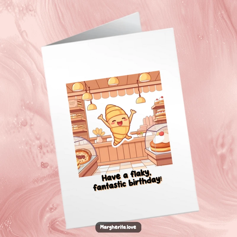 Funny Free Printable Birthday Card: Joyful croissant character leaping high in a pastry shop, celebrating enthusiastically.