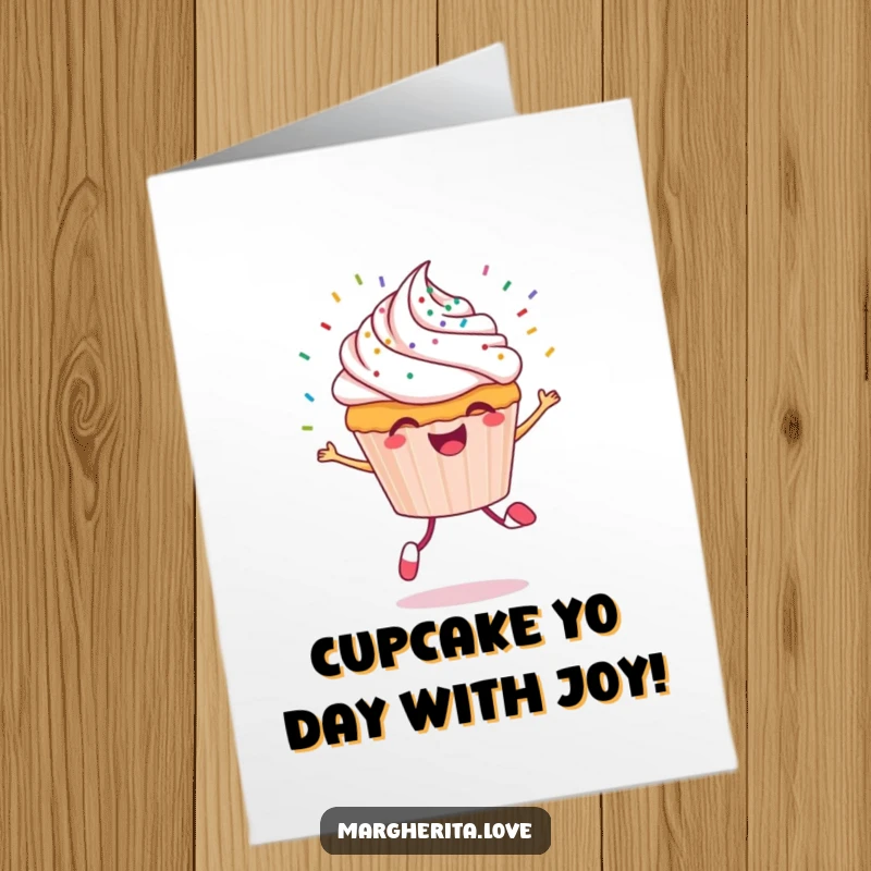 Funny Free Printable Cupcake Birthday Card: Cheerful character skipping joyfully with colorful sprinkles flying everywhere.