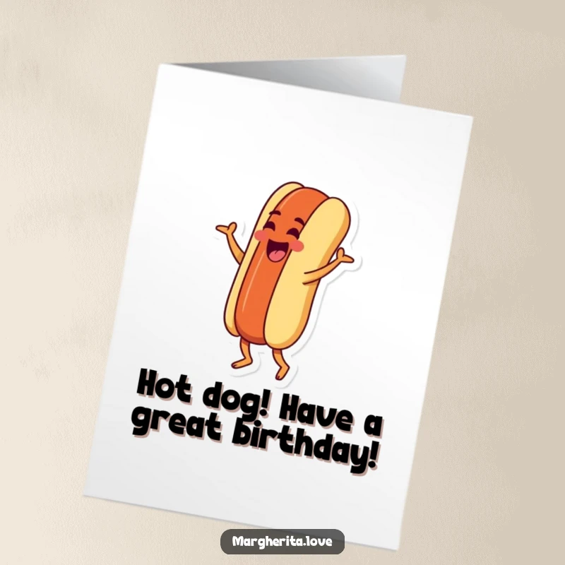 Funny Free Printable Birthday Card: A goofy hot dog person doing a silly jig, spreading birthday cheer with downloadable fun.