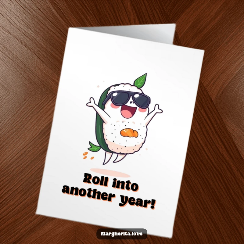 Funny Free Printable Birthday Card: Sushi wearing sunglasses does a backflip, celebrating a special day with flair.