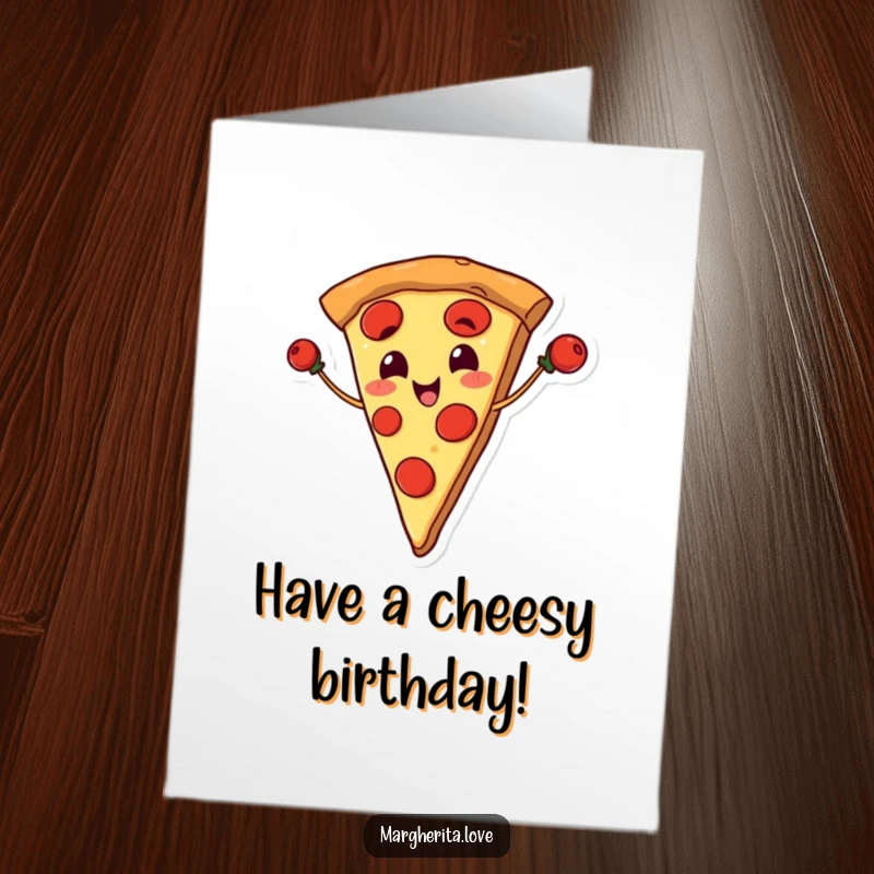 Funny free printable birthday card: A smiling slice of pizza expertly juggling pepperoni slices, ready to celebrate.