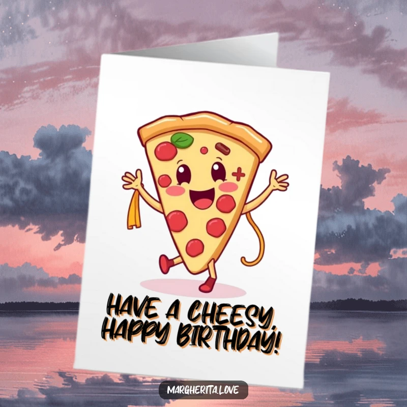Funny Free Printable Birthday Card: Smiling pizza slice dancing joyfully with a wiggly pasta noodle, celebrating.