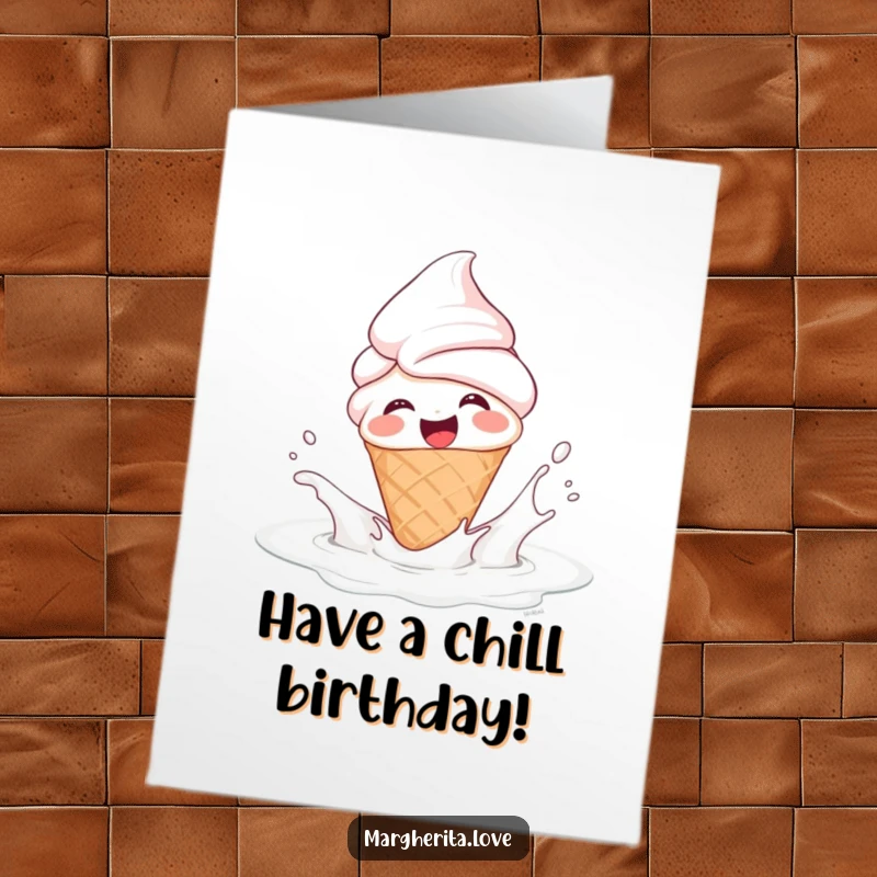 Funny Free Printable Birthday Card: A giggling ice cream cone person gleefully splashing in a pool of milk.