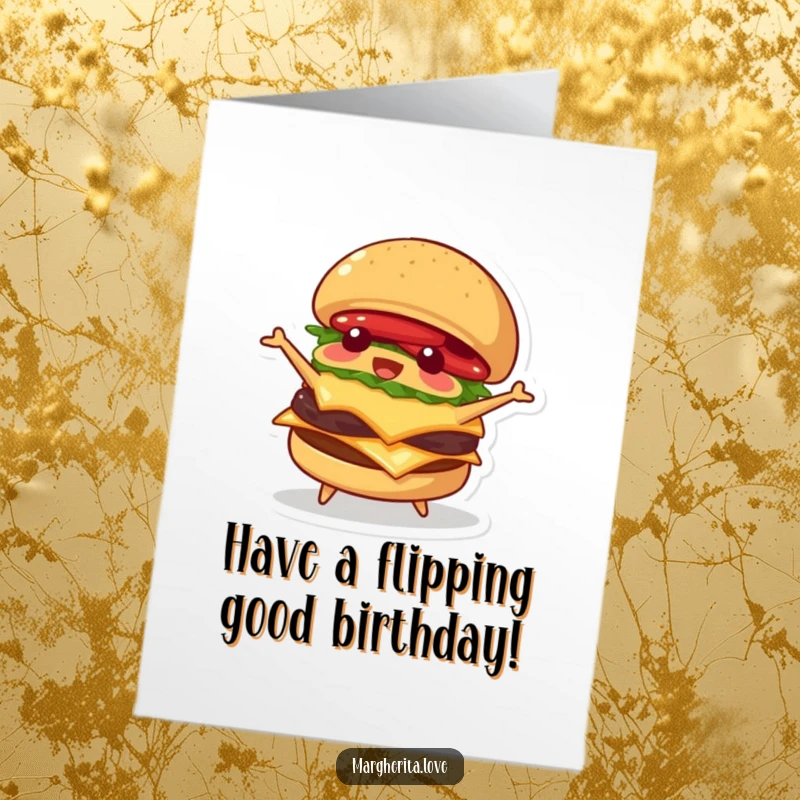 Funny free printable birthday card: a joyful burger performs a self-flip, creating a dynamic and humorous celebratory message.