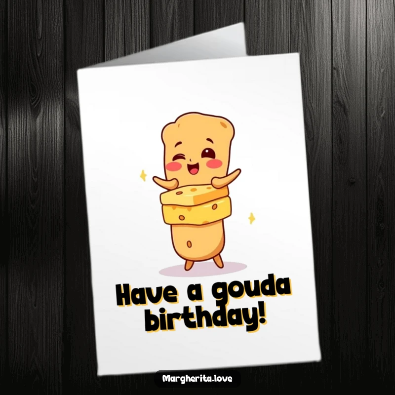 Funny Free Printable birthday card featuring a giggling baguette character precariously balancing a tower of cheese.