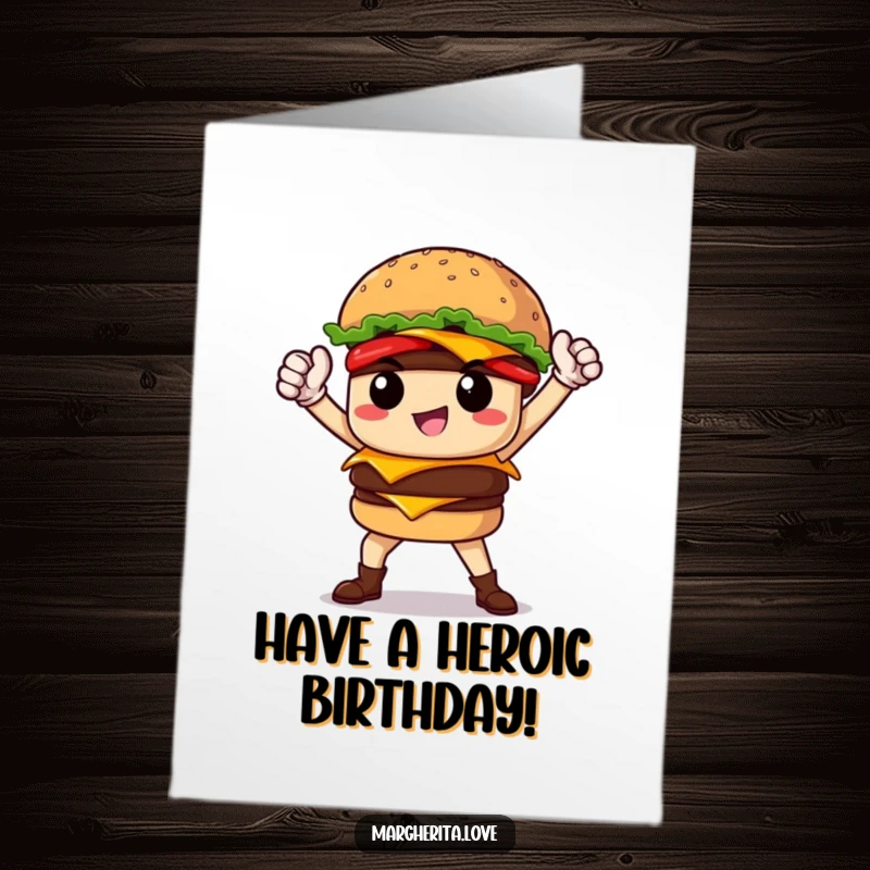 Funny Free Printable birthday card featuring a proud burger character striking a confident, heroic pose, ready to conquer the day.
