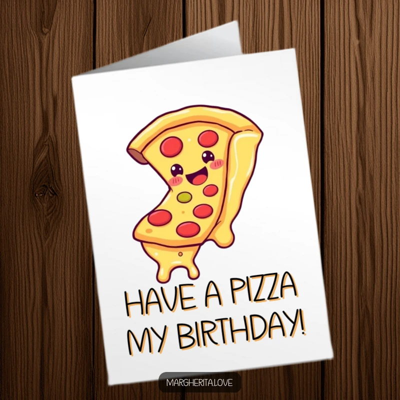 Funny Free Printable Birthday Card, smiling pizza slice character joyfully sliding down a long strand of melted cheese.