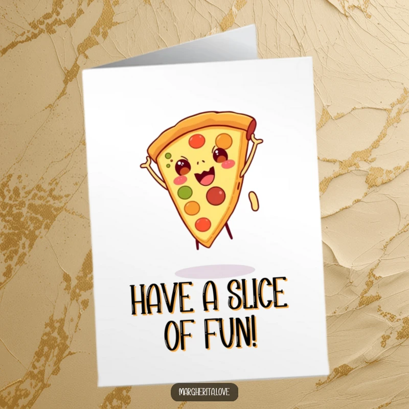 Funny free printable birthday card showing a happy pizza slice with legs performing an energetic cartwheel.