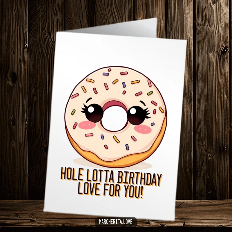 Funny Free Printable Birthday Card: A sprinkle-covered doughnut with wide, curious eyes, exploring the world of birthday wishes.